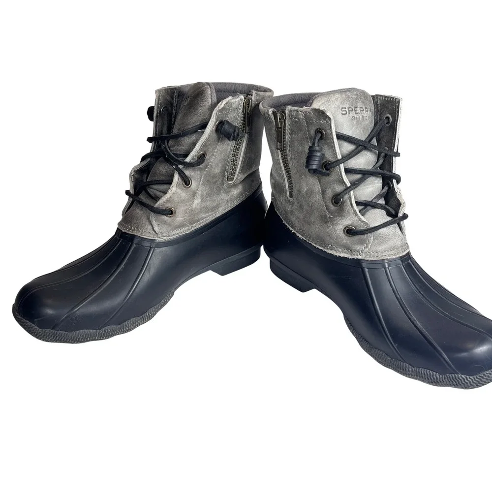 Sperry Saltwater Duck Boots‎ Gray Black Leather Rubber Rain Winter Womens 9.5